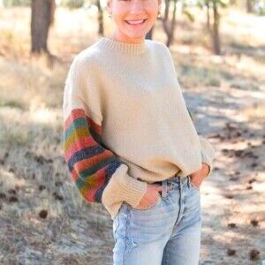 Lush Crew Neck Balloon Sleeve Sweater in Cream and Multi S NWOT